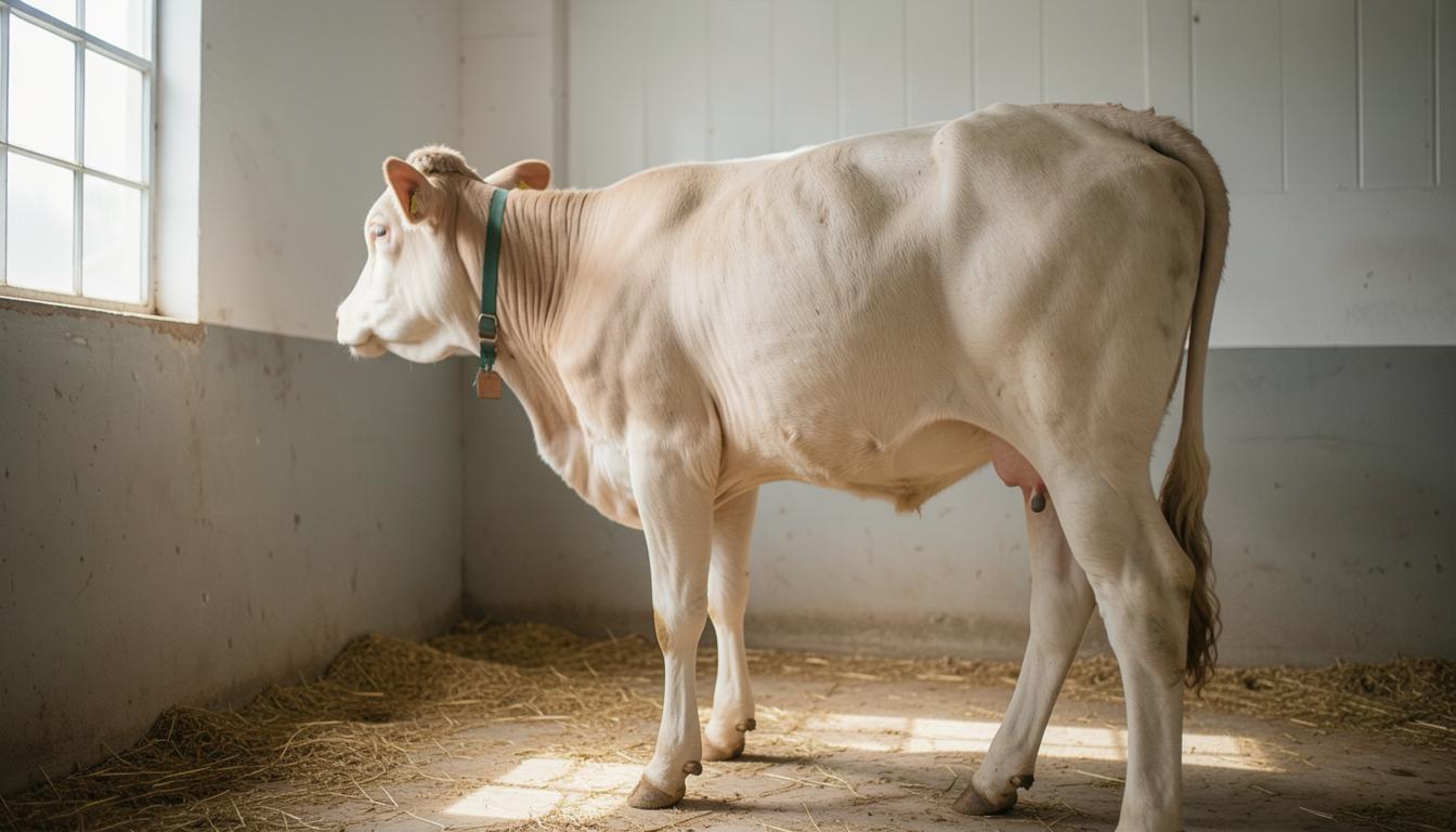 Calf with docked tail on a factory farm