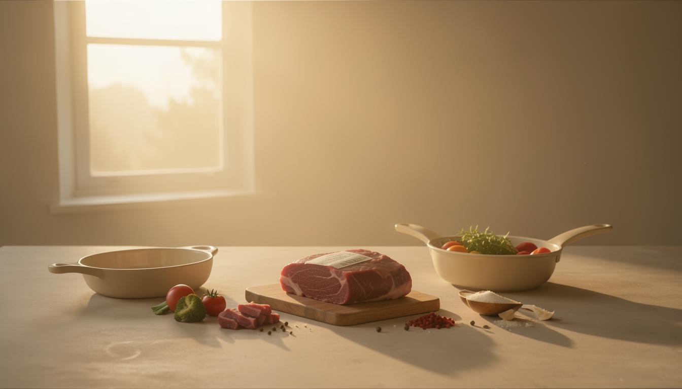 Reading a nutrition panel on a plant-based meat package in a community kitchen, highlighting sodium and fibre content for fenceline BIPOC families.