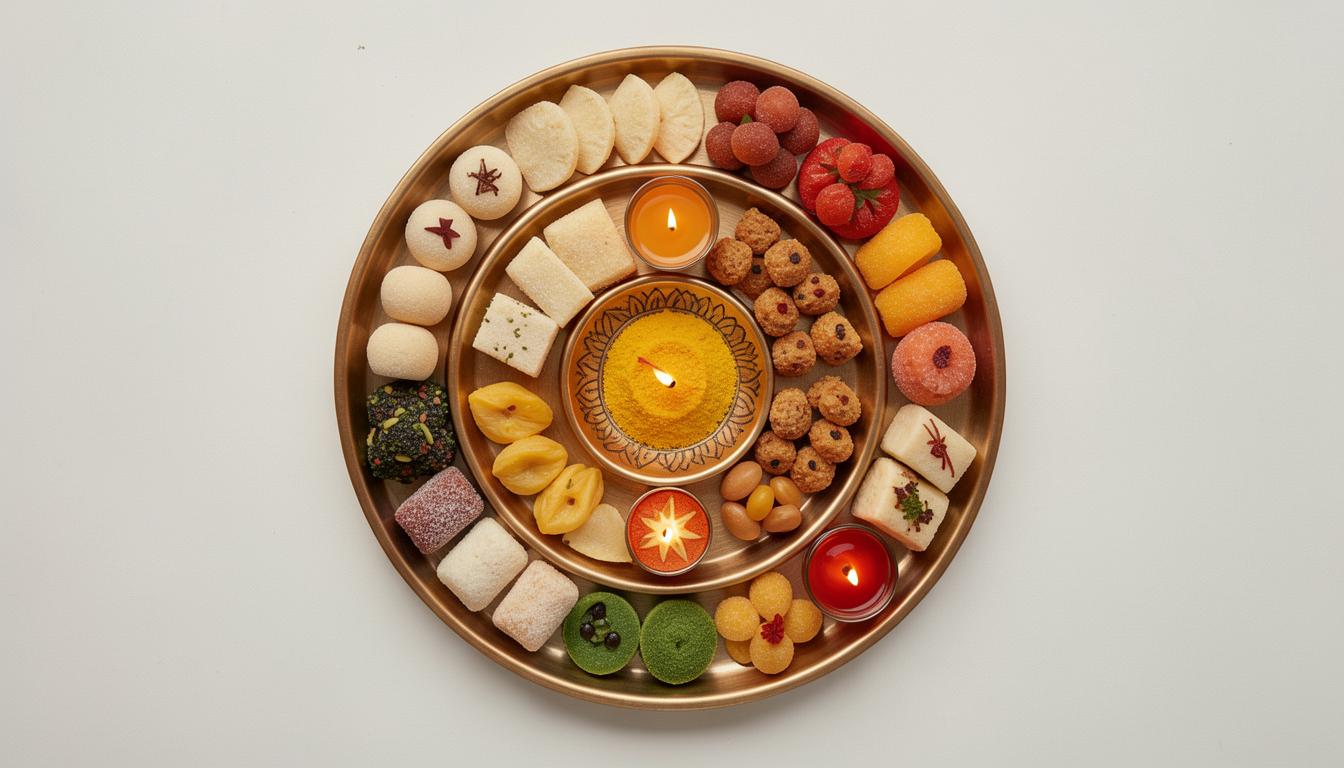 Plant-based Diwali sweets in a traditional Indian thali