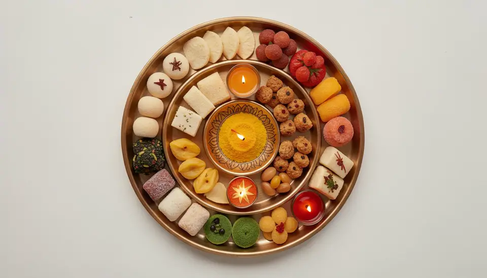 Plant-based Diwali sweets in a traditional Indian thali