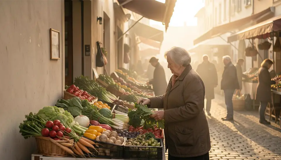 Eine ältere Dame auf einem Markt, die frisches Gemüse verkauft
