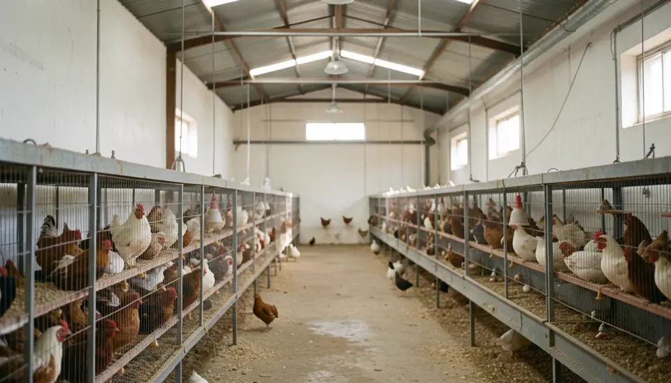 Granja industrial com aves de confinamento em sistema de ventilação zero