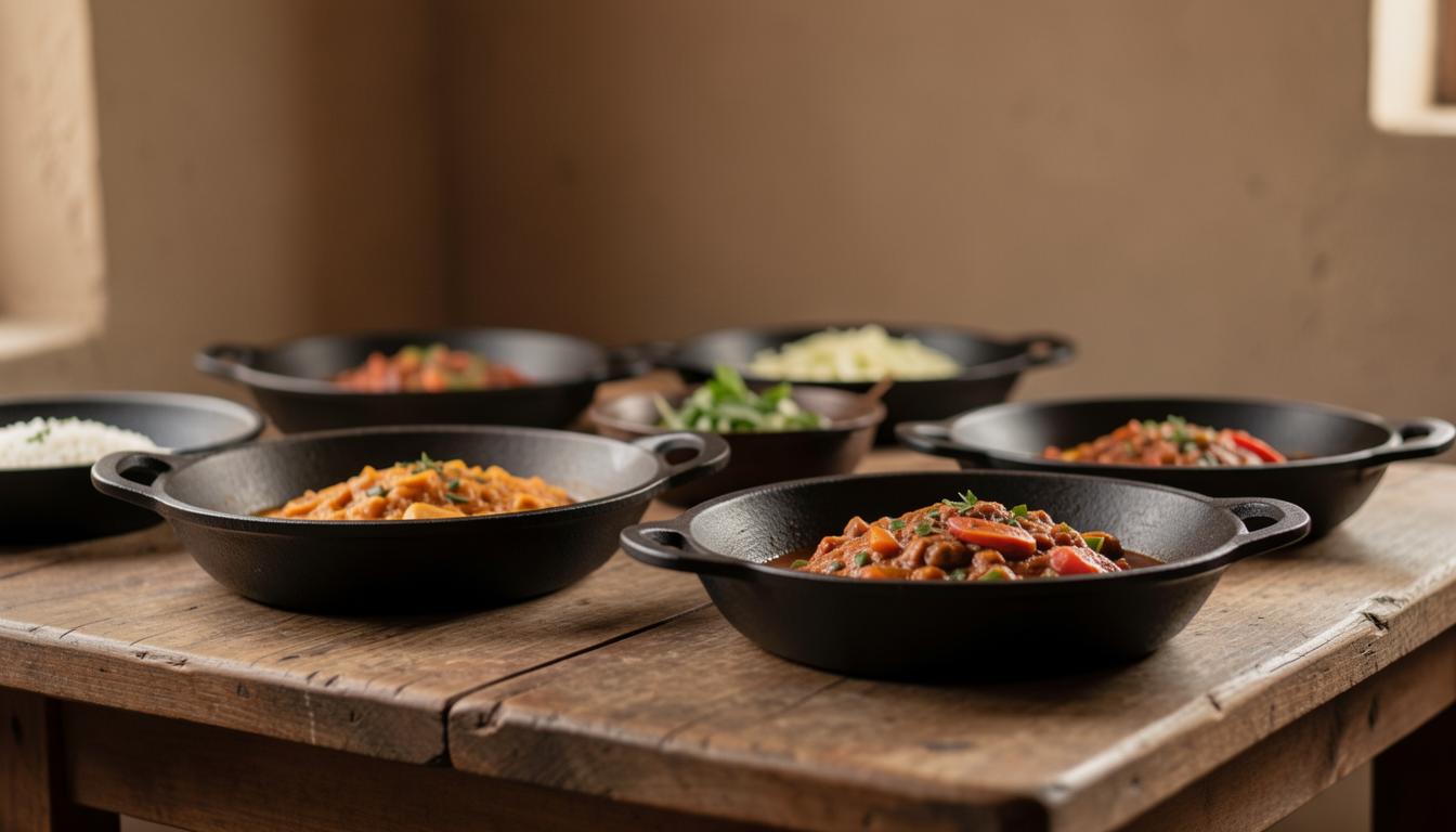 Vibrant West African vegan cast-iron dishes served on a rustic wooden platter