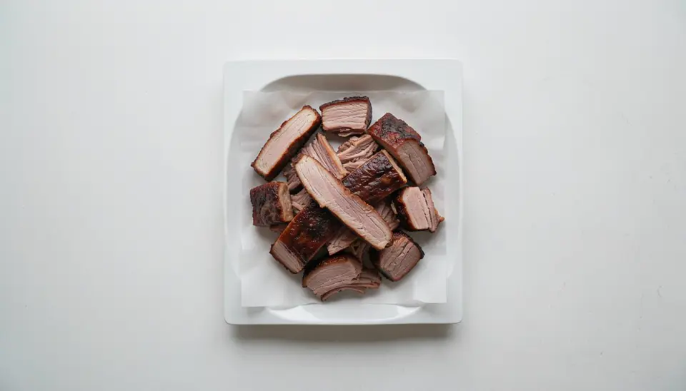Mimea ya pulled pork yenye samaki, nyama na mimea katika kitanda cha kuhariri.