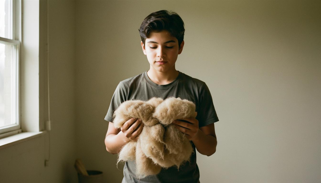 Teen activist holding ethical wool sign