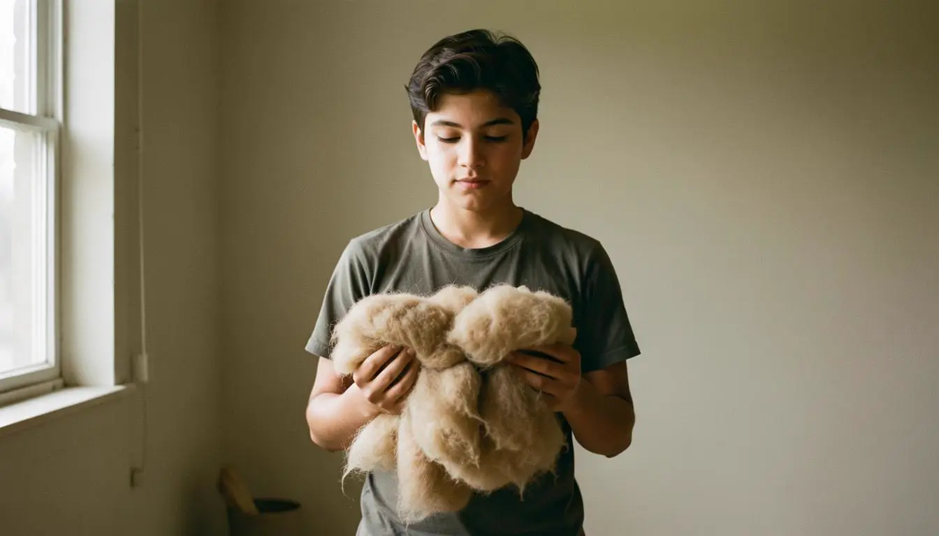 Teen activist holding ethical wool sign