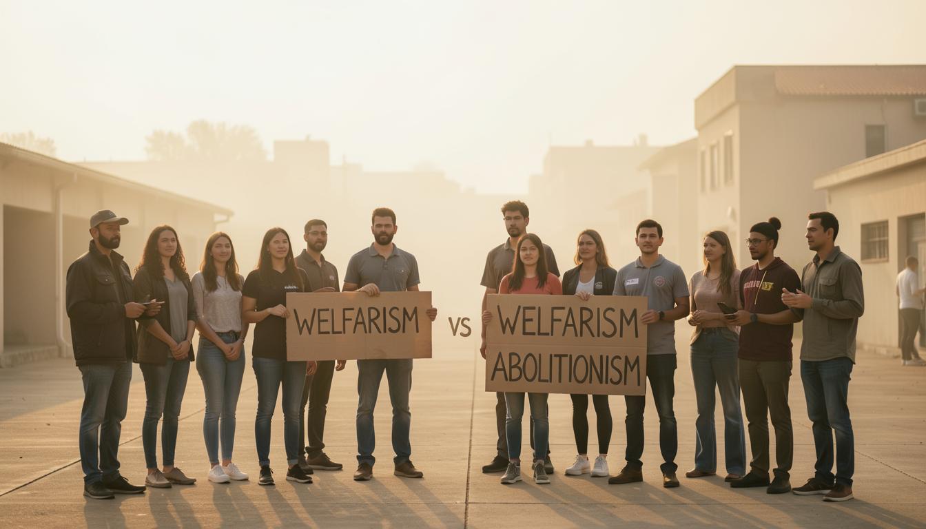Activists holding 'Welfarism' and 'Abolitionism' signs at an animal rights protest.