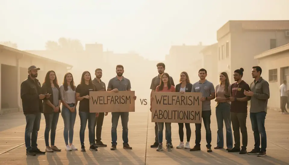 Activists holding 'Welfarism' and 'Abolitionism' signs at an animal rights protest.