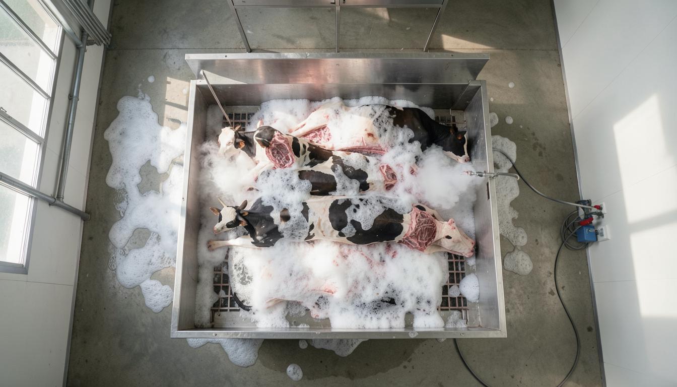 工場式畜産の大量虐殺技術、VENTilation Shutdown Plus (VSD+)、泡、ガスを使った牛のシーン