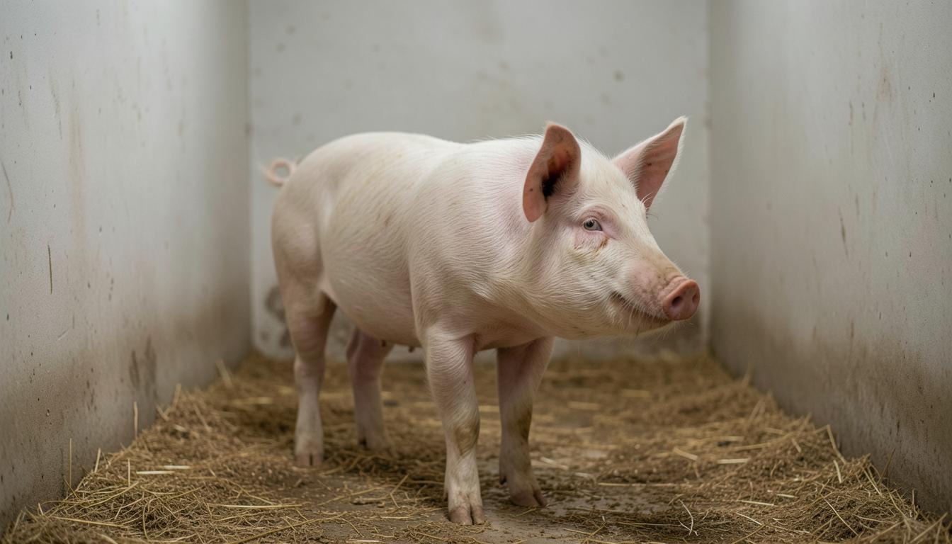 Scrofa in uno stanzone d'allevamento intensivo, con barre metalliche sullo sfondo