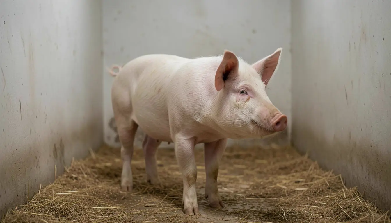 Scrofa in uno stanzone d'allevamento intensivo, con barre metalliche sullo sfondo