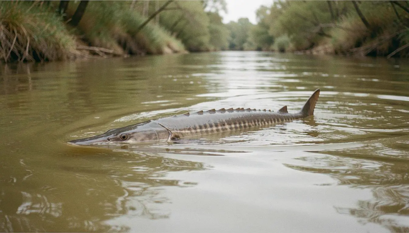Endangered sturgeon in a river, embodying the global extinction risk and the need for ethical travel
