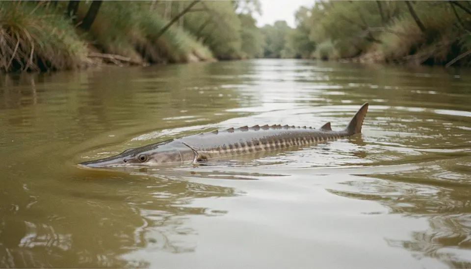 Endangered sturgeon in a river, embodying the global extinction risk and the need for ethical travel