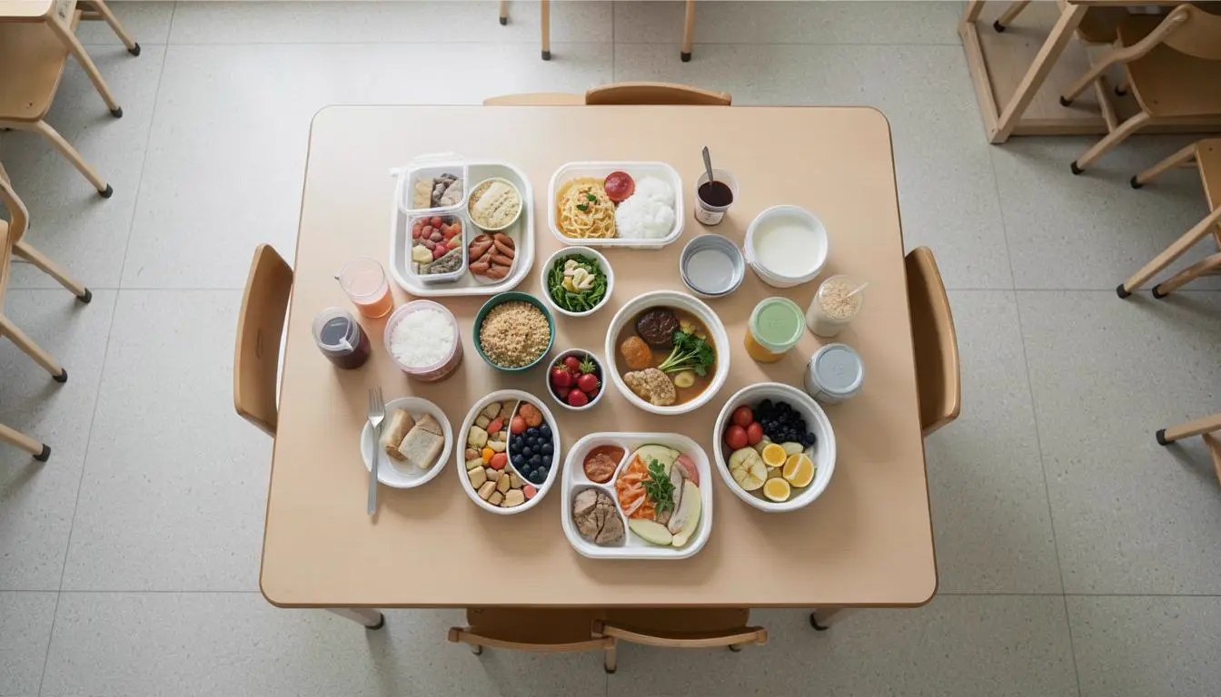 초등학교 급식실 테이블에 배치된 애시픽 카트론, 플라스틱 보틀, 글라스 용기