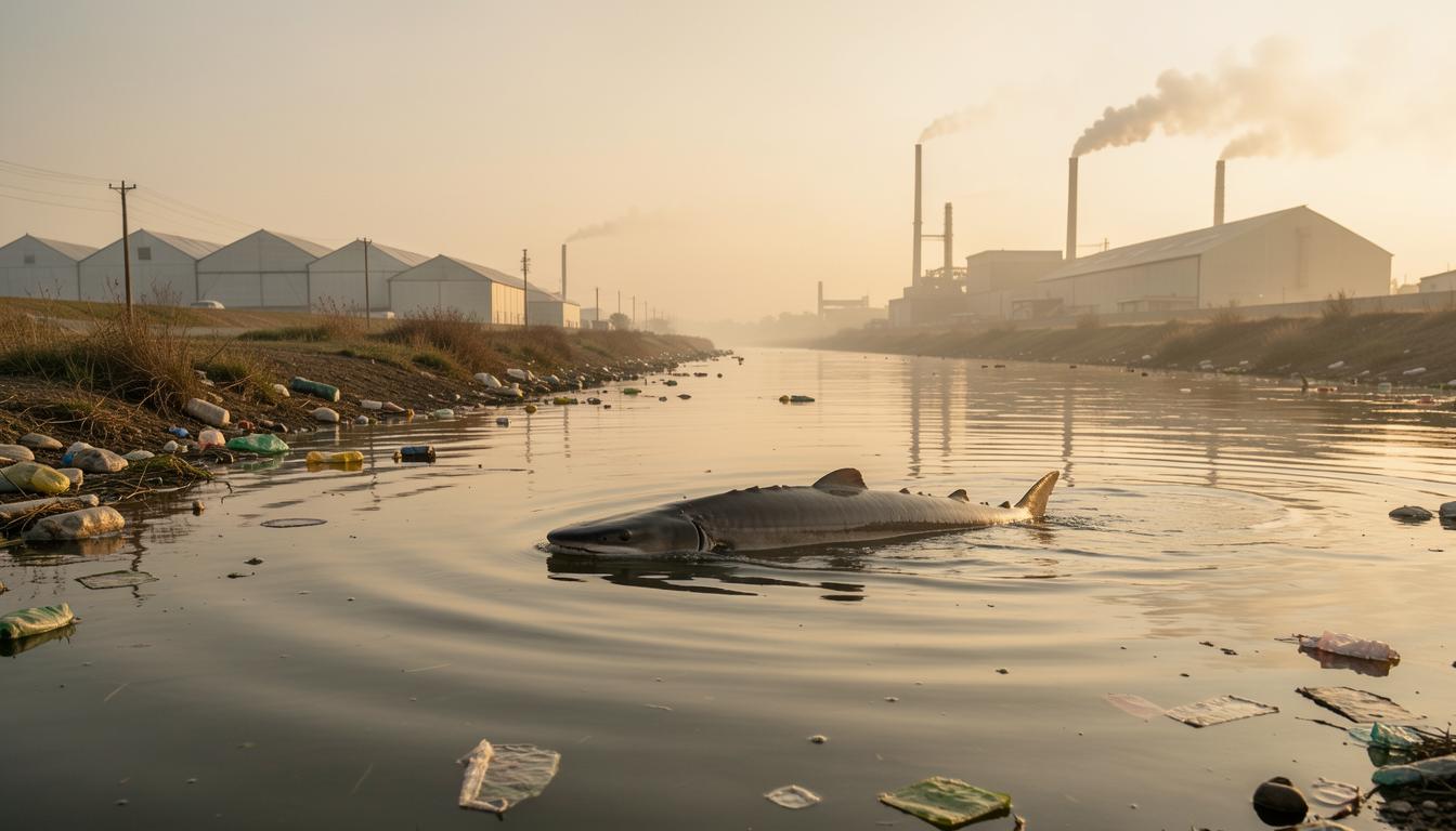 Sturgeon swimming in polluted river with CAFOs in background