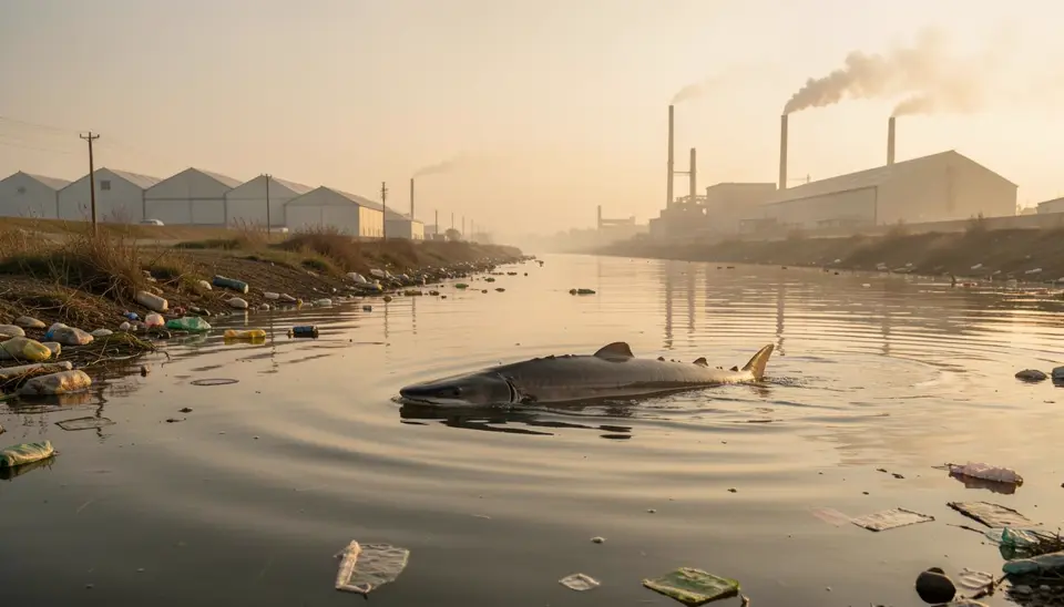 Sturgeon swimming in polluted river with CAFOs in background
