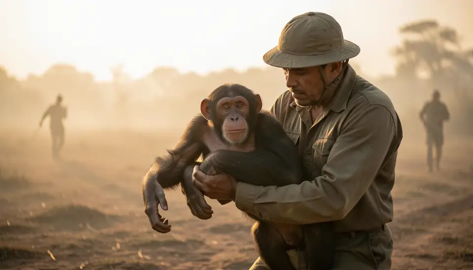 A sad chimpanzee at a wildlife sanctuary, looking into the camera