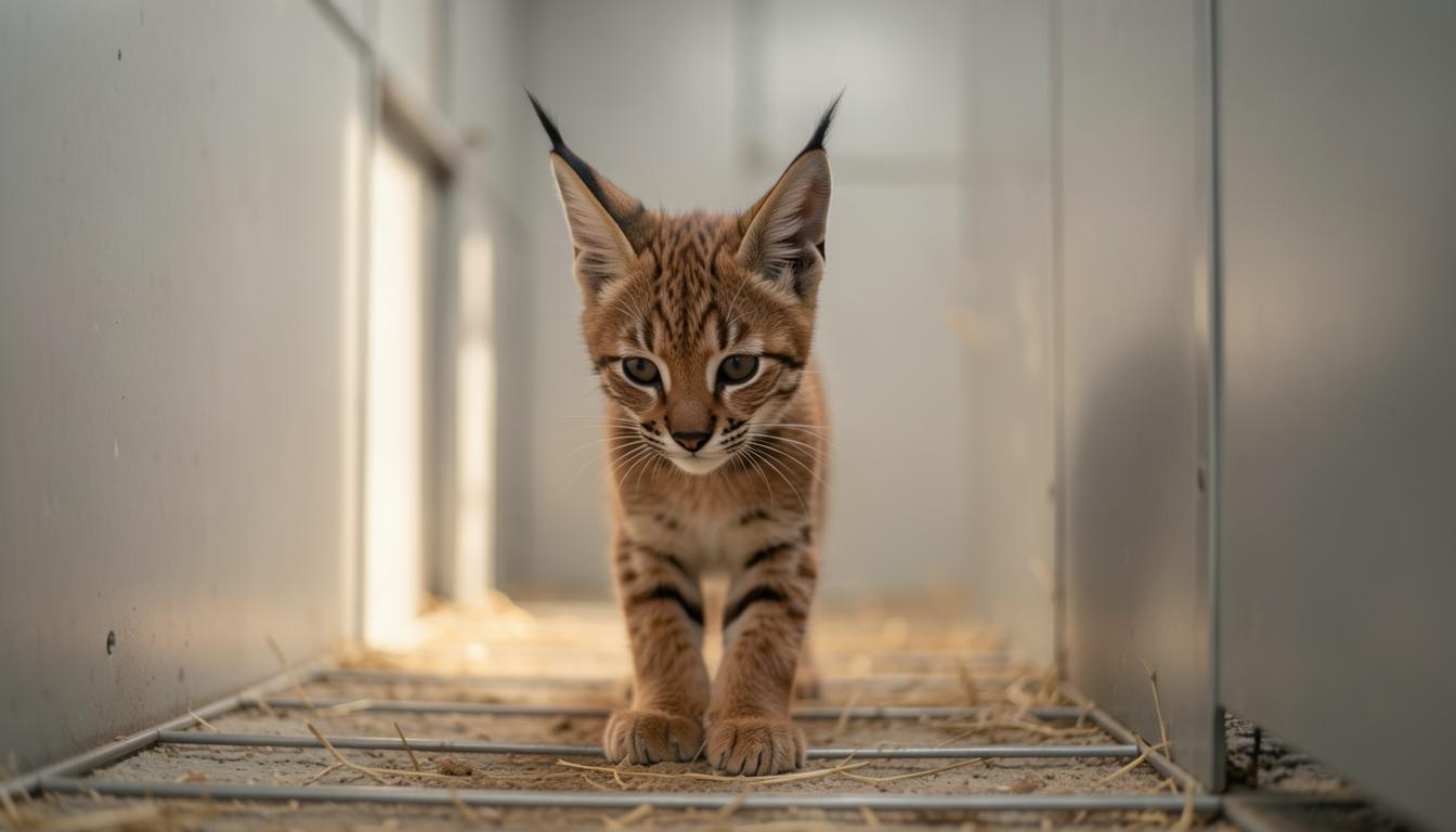 Iberian lynx cub in a modern broiler shed, Iberian lynx recovery