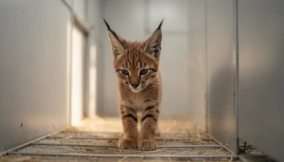 Iberian lynx cub in a modern broiler shed, Iberian lynx recovery