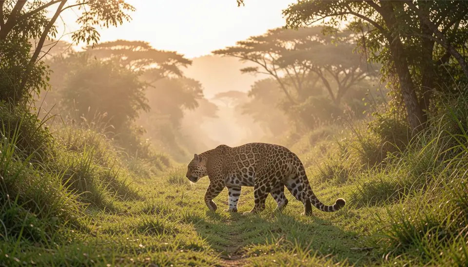 Jaguar crossing a jungle corridor in Argentina