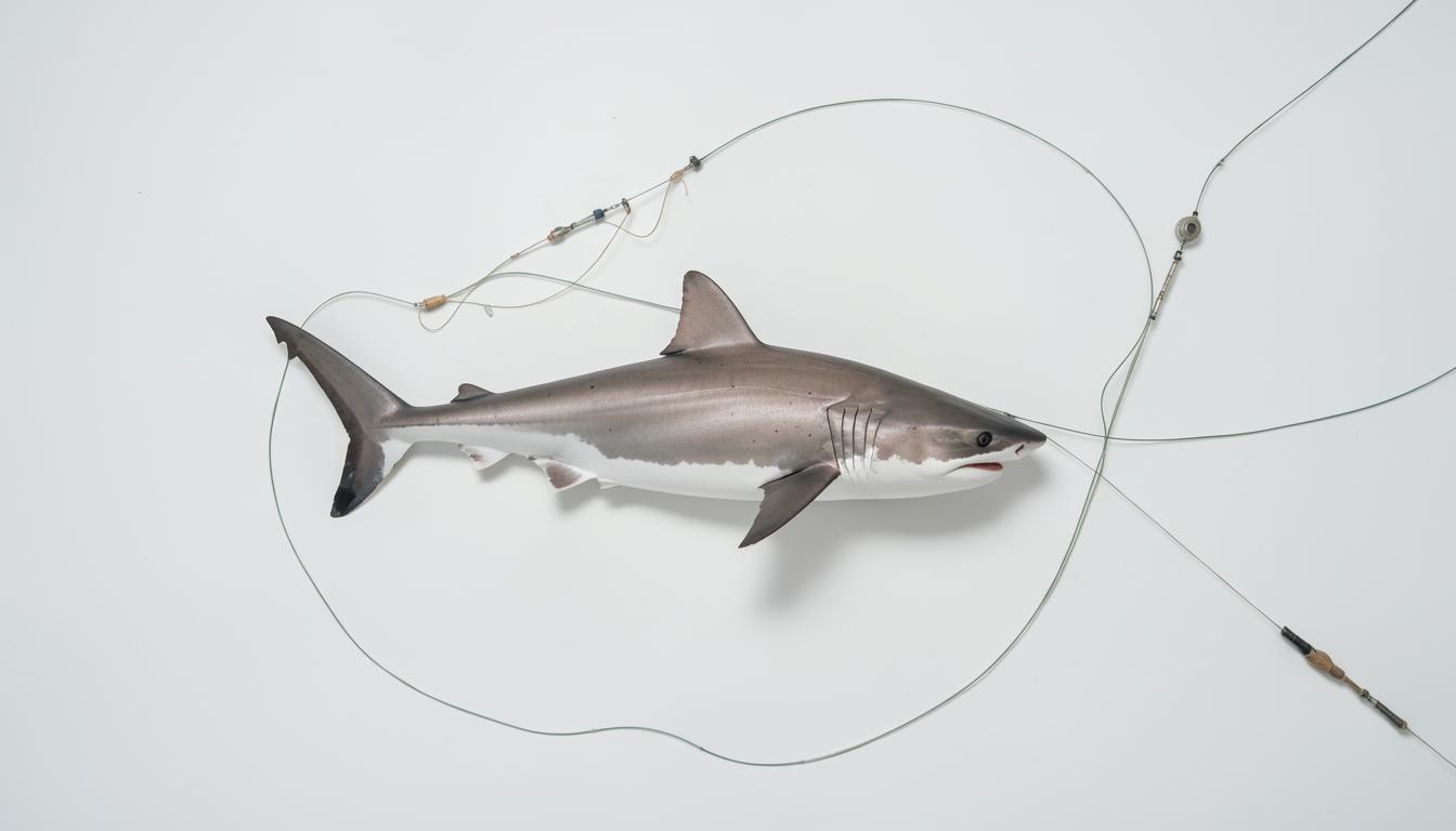Great white shark entangled in a longline tuna fishing net