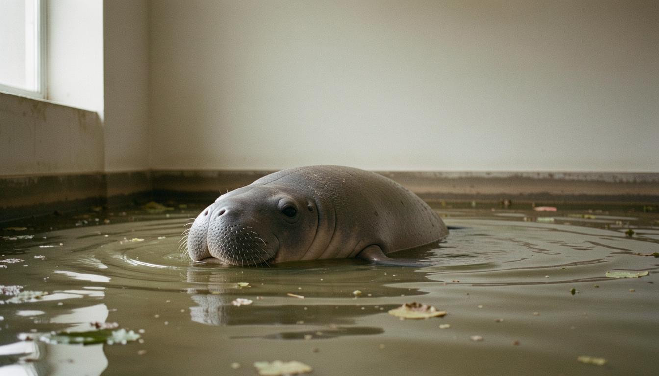 A Florida manatee struggling in polluted water, with a view of the Canadian Rockies