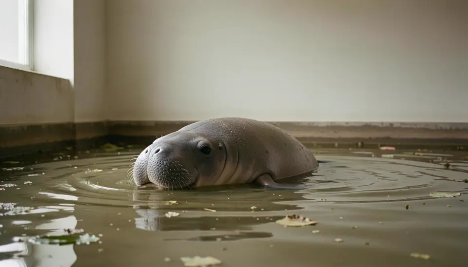 A Florida manatee struggling in polluted water, with a view of the Canadian Rockies