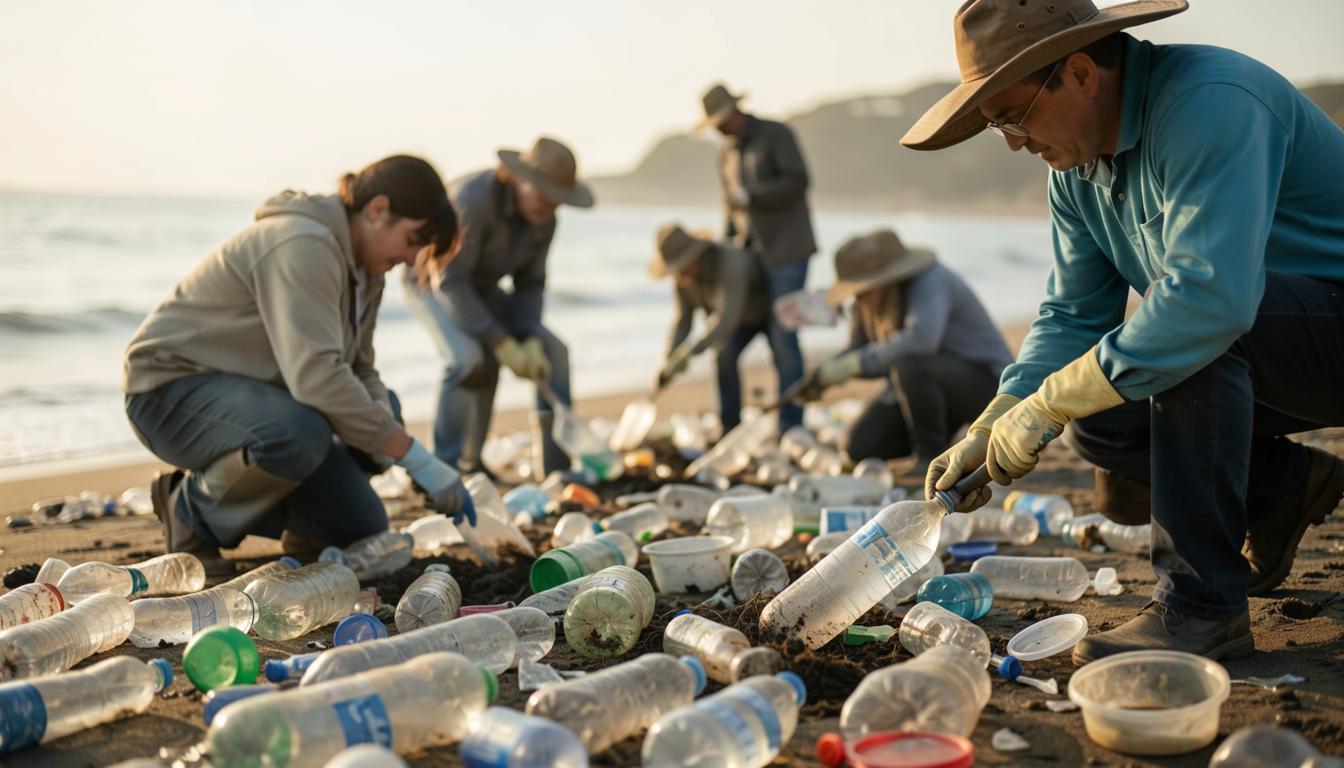 Volunteers cleaning coastal plastic waste with seabirds