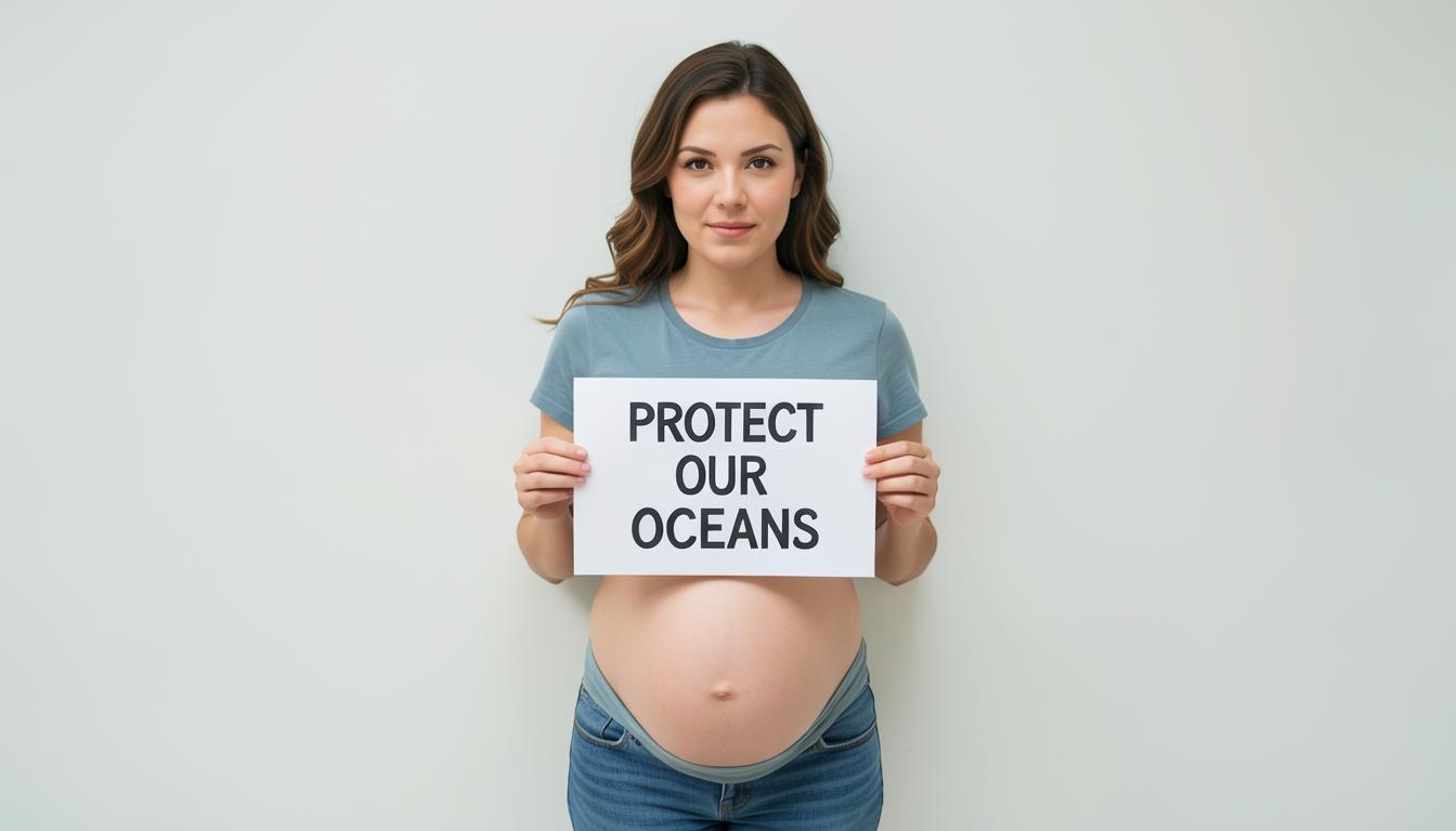 Pregnant woman at climate rally demanding ocean protection