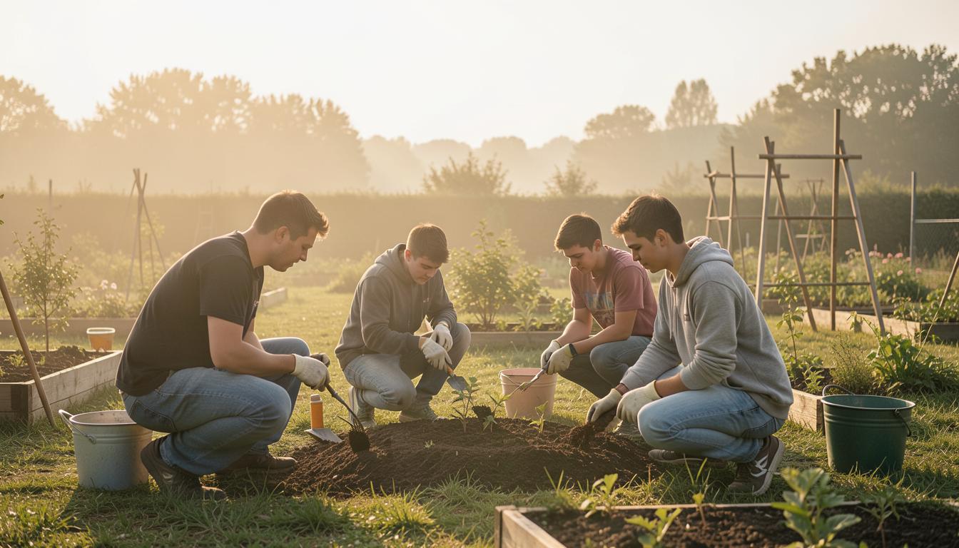Étudiants travaillant sur un projet de jardinage dans un dortoir pour le rendre plus écologique