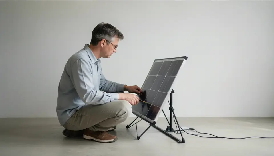 Remote worker installing solar panel for off-grid power