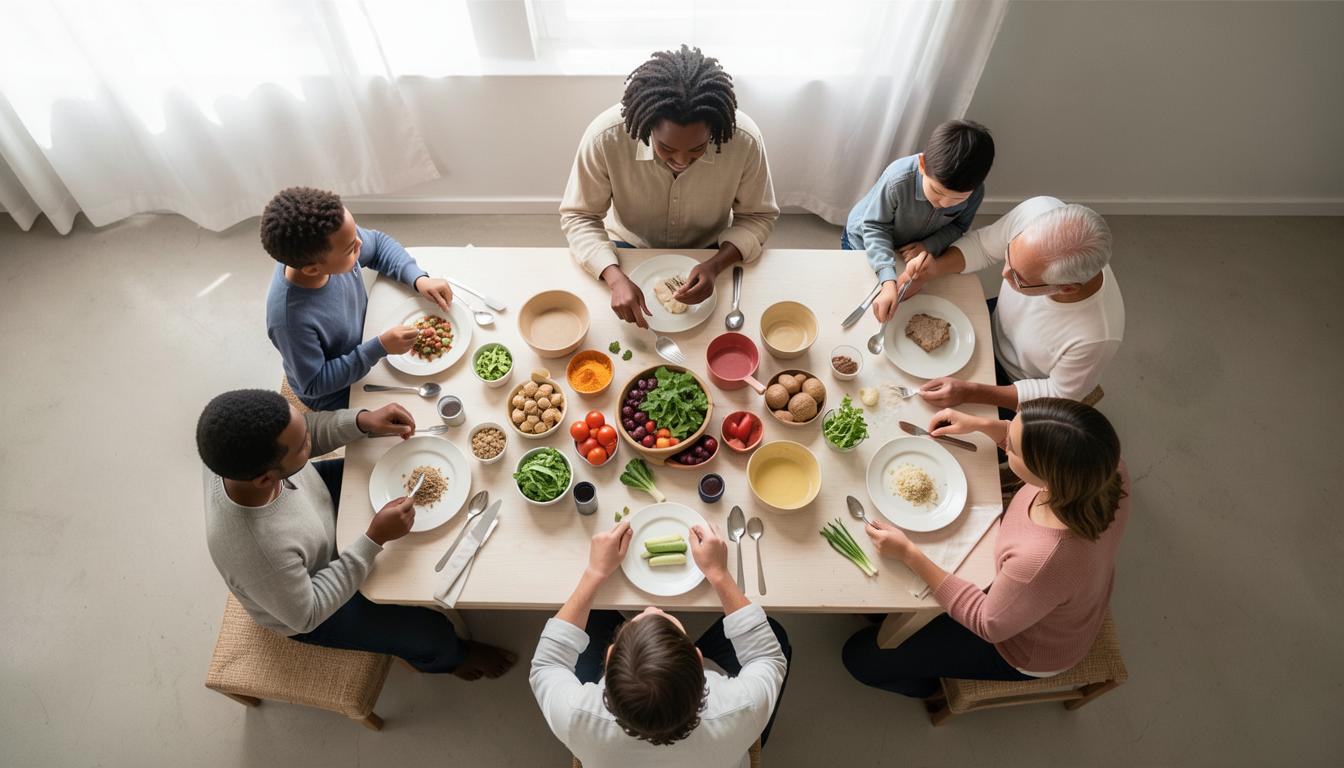 Vegan family enjoying a meal together in Eastern Europe