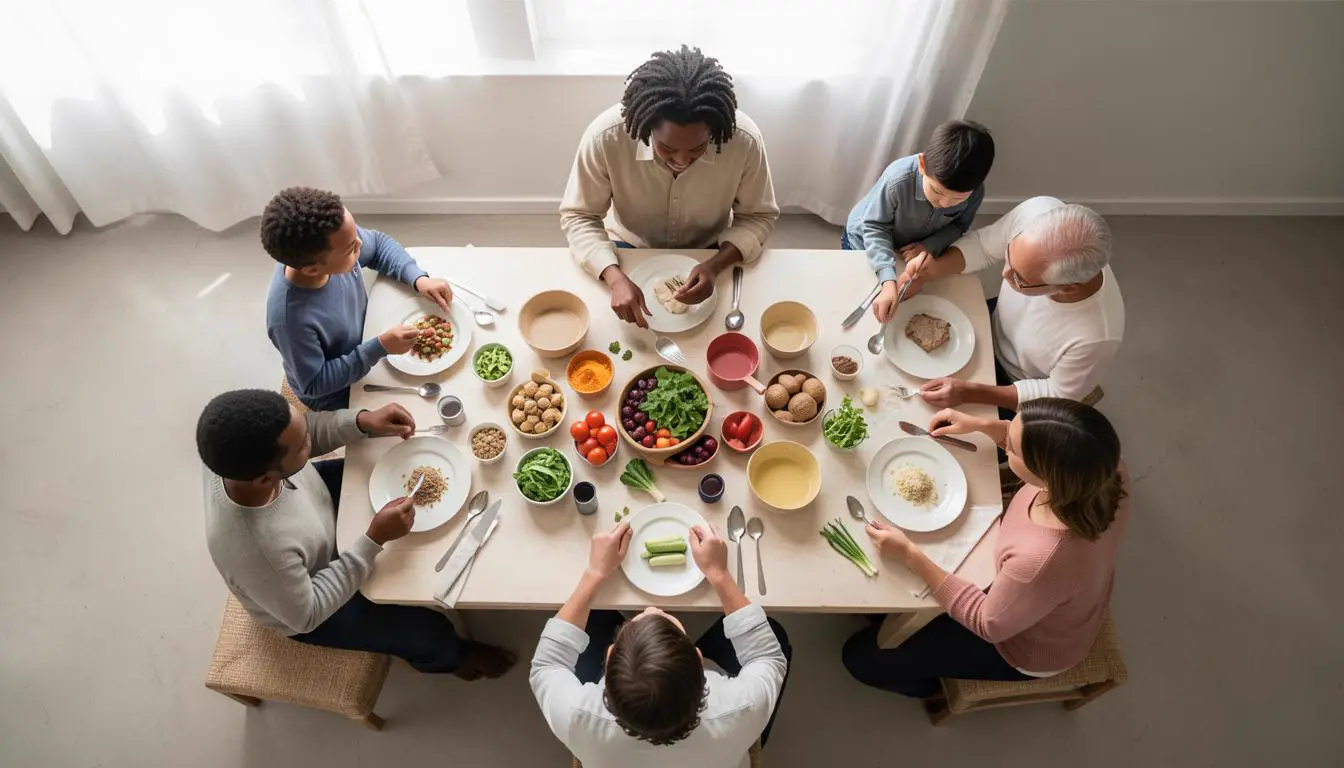 Night-shift worker celebrating with vegan family holiday feast