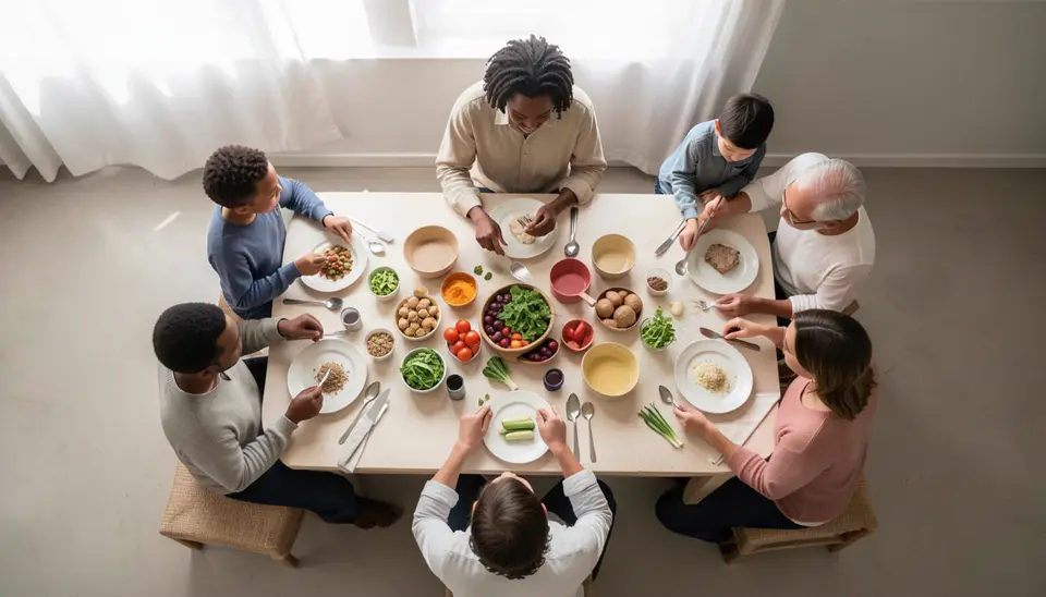 Night-shift worker celebrating with vegan family holiday feast