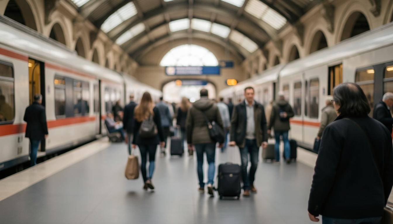 Train station with passengers and a nearby plane taking off, reflecting the emissions reality of train vs plane travel in Europe