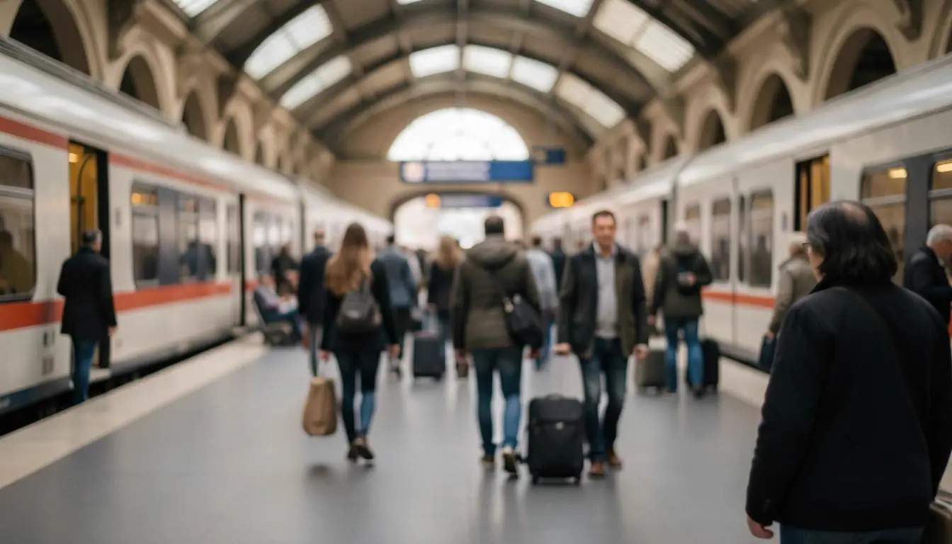 Train station with passengers and a nearby plane taking off, reflecting the emissions reality of train vs plane travel in Europe