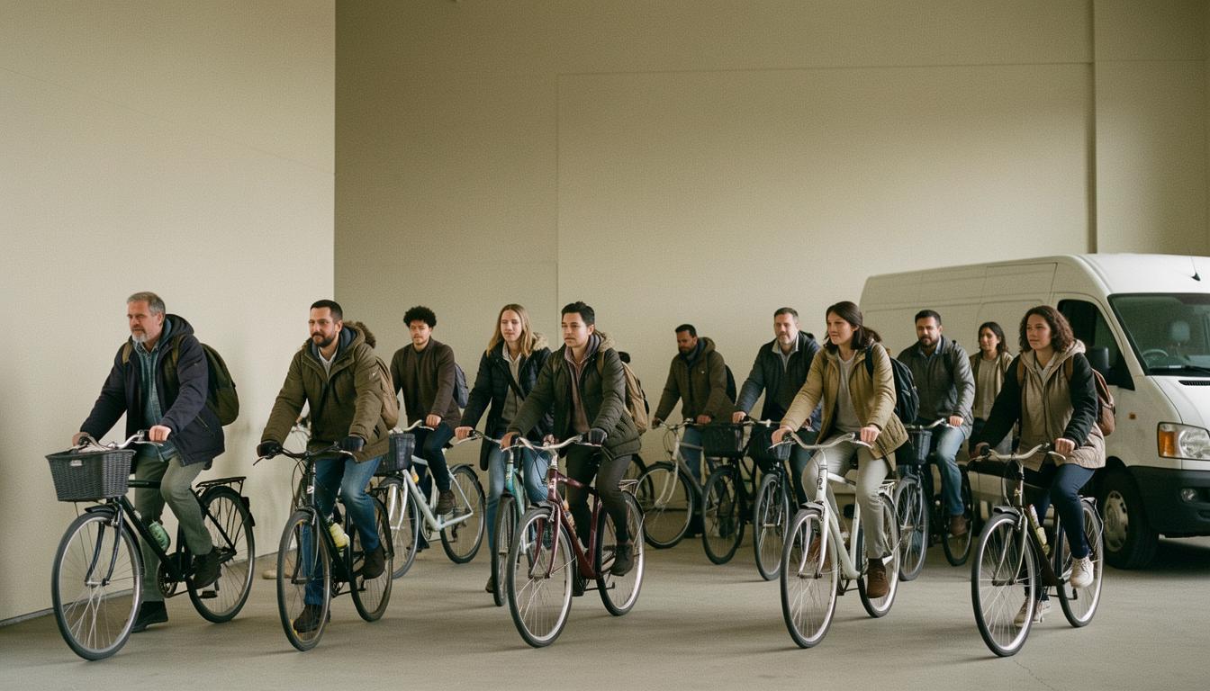 Biking to work: van-lifers and off-grid readers commuting together in a city