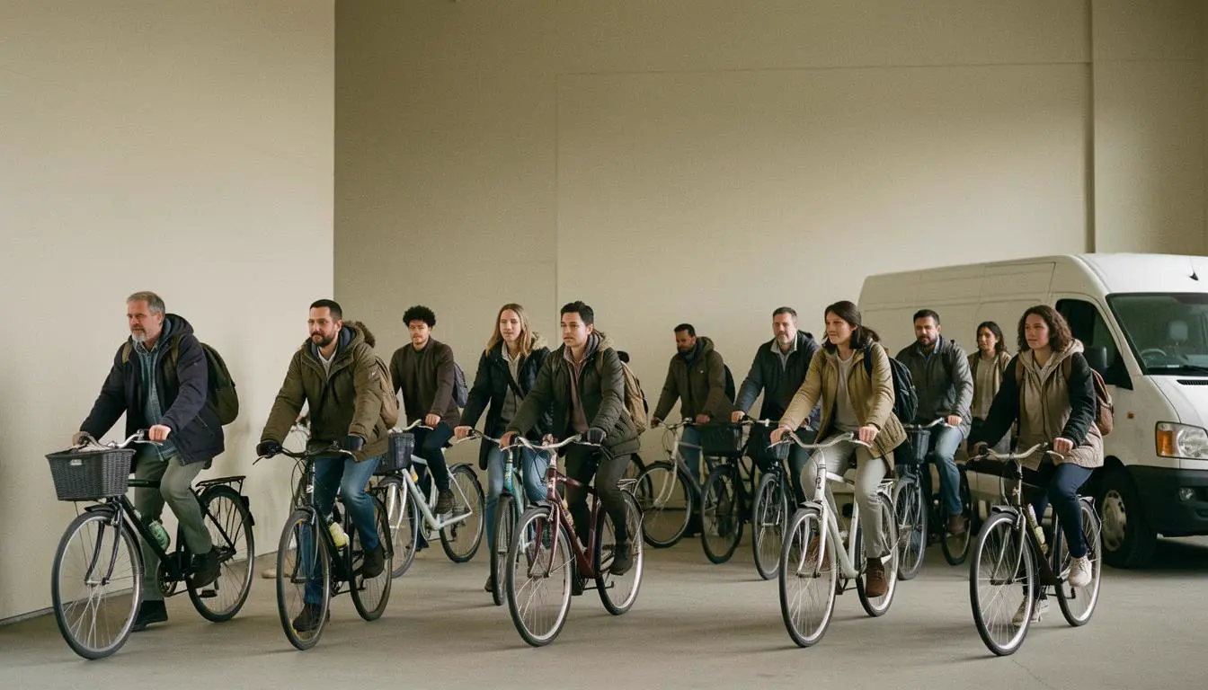 Biking to work: van-lifers and off-grid readers commuting together in a city