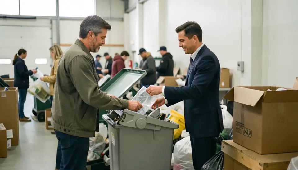 Busy professional recycling e-waste at a drop-off center