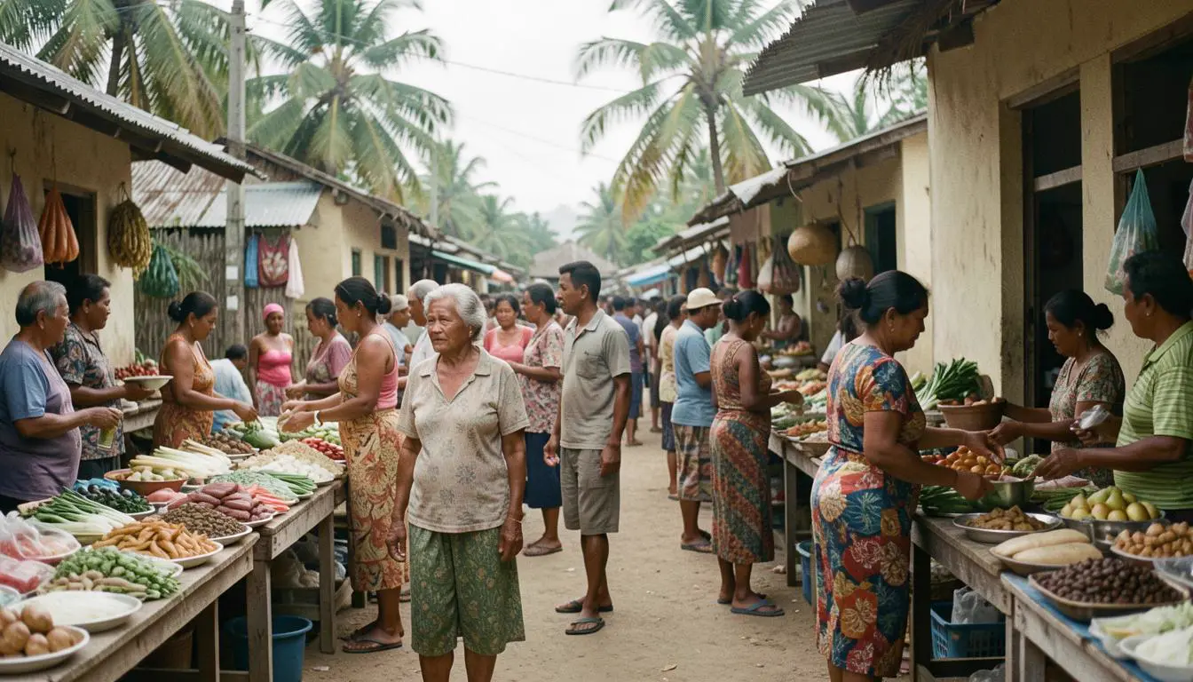 Pacific Islander market scene with compostable waste