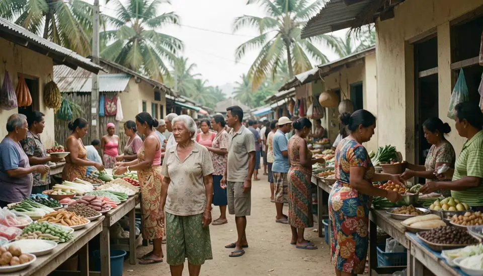 Pacific Islander market scene with compostable waste