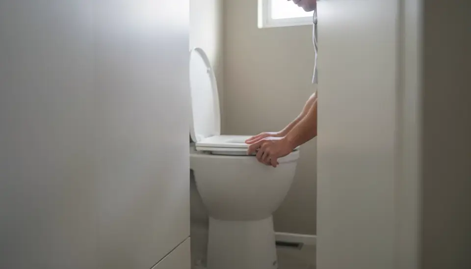 Person using a composting toilet in a bathroom