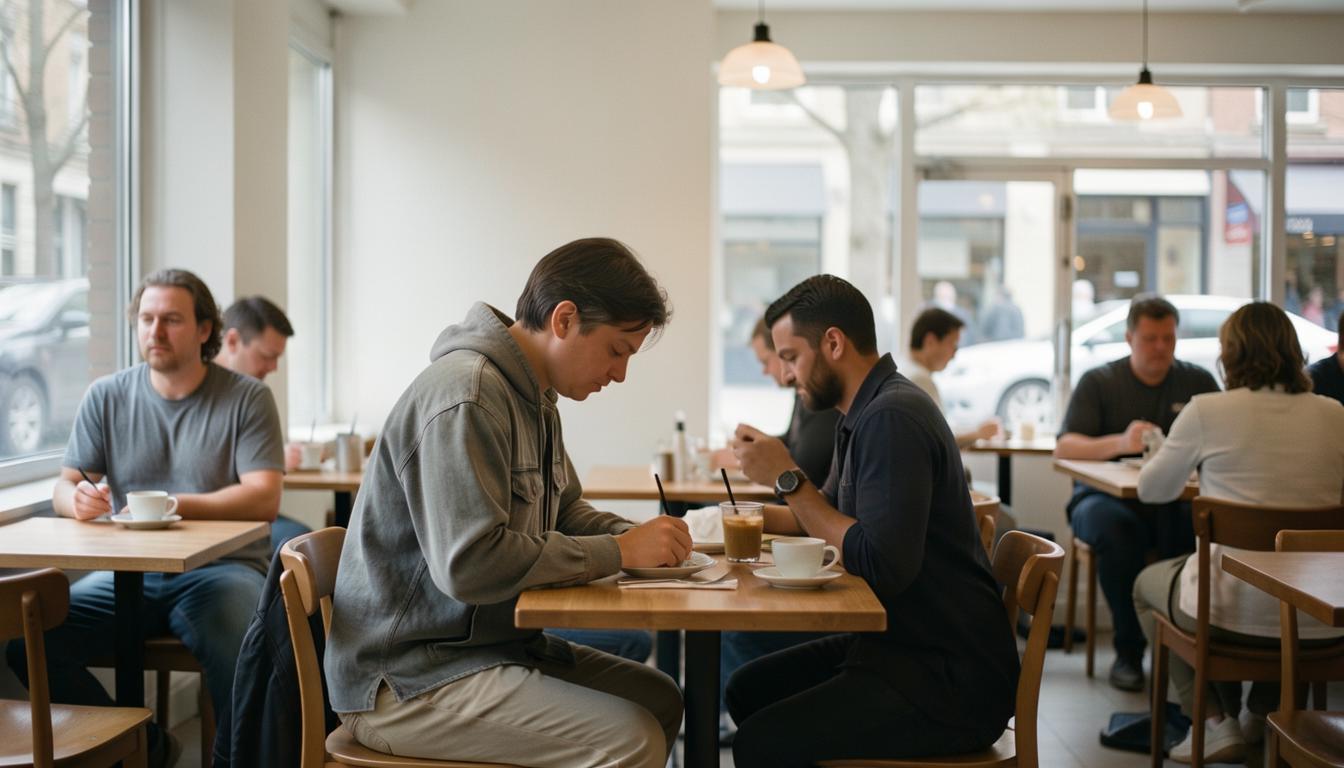 Vegan digital nomad working in a plant-based café