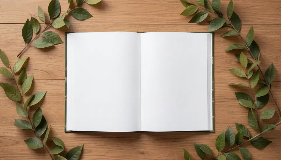 كتاب مفتوح على طاولة خشبية مع نباتات خضراء تعبيراً عن شراء الكتب المستدامة