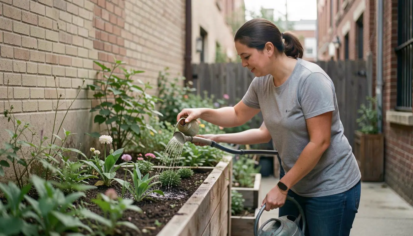 Busy gardener tending to plants in a sustainable urban garden