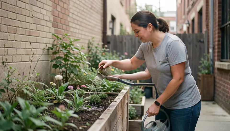 Busy gardener tending to plants in a sustainable urban garden