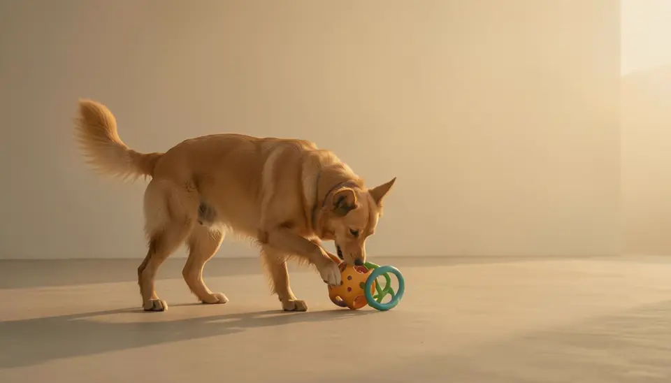 Dog enjoying eco-friendly pet toys and bed