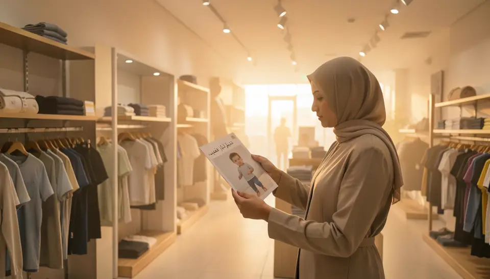 أم تفحص ملصق ملابس طفل بحثًا عن علامات الغسل الأخضر في متجر ملابس أطفال مستدامة