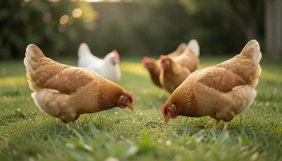 Backyard chickens enjoying natural moulting in a spacious, green yard