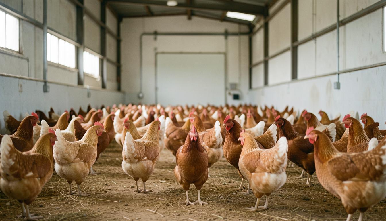 Poules en filière dans une ferme industrielle
